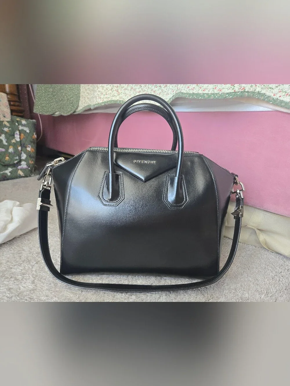 Givenchy Medium Antigona Black Smooth Leather Silver Hardware Authentic
